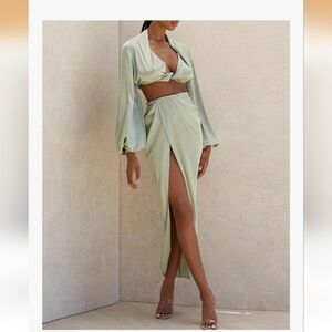 Satin Twist Front High-Slit Midi Skirt - Sage Green